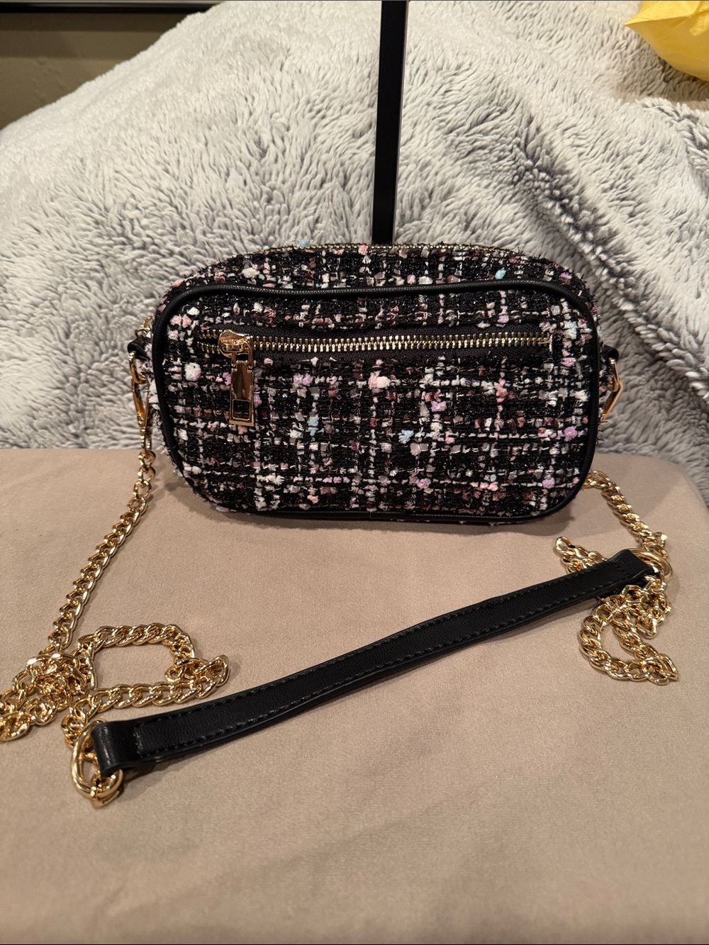 Ah Dorned Black Tweed Crossbody Bag with Gold Chain and Pink Accents